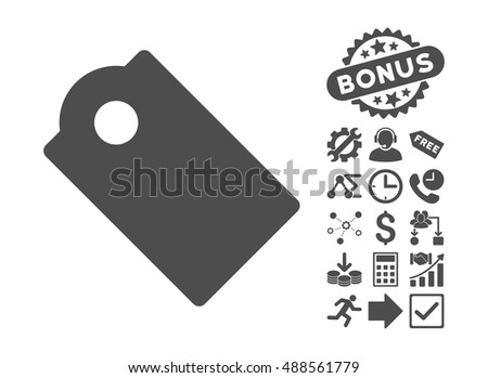 Tag icon with bonus images. Vector illustration style is flat iconic symbols, gray color, white background.
