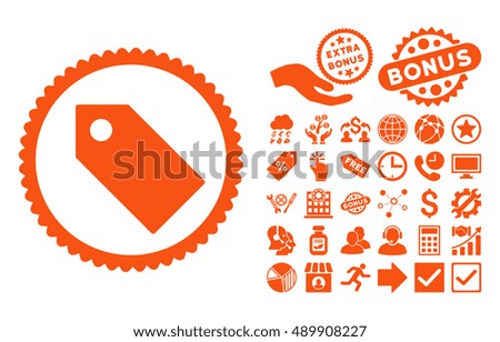 Tag icon with bonus images. Vector illustration style is flat iconic symbols, orange color, white background.