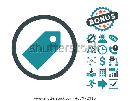 Tag icon with bonus pictogram. Vector illustration style is flat iconic bicolor symbols, soft blue colors, white background.