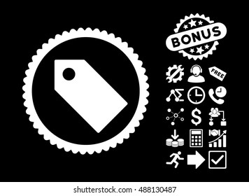 Tag icon with bonus pictograph collection. Vector illustration style is flat iconic symbols, white color, black background.
