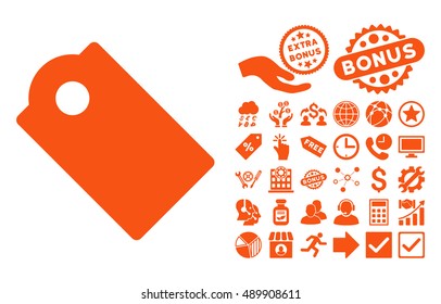Tag icon with bonus pictures. Vector illustration style is flat iconic symbols, orange color, white background.