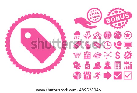 Tag icon with bonus pictures. Vector illustration style is flat iconic symbols, pink color, white background.
