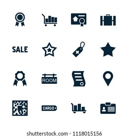 Tag icon. collection of 16 tag filled icons such as star, luggage, location, qr code, ribbon, bill of house sell, suitcase, badge. editable tag icons for web and mobile.