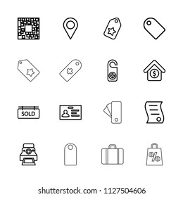 Tag icon. collection of 16 tag outline icons such as do not disturb, badge, location, qr code, camera printing photo, house sale. editable tag icons for web and mobile.