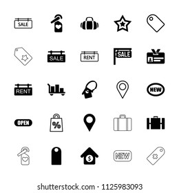 Tag icon. collection of 25 tag filled and outline icons such as new, luggage, location, house sale, open, sport bag, suitcase, star. editable tag icons for web and mobile.