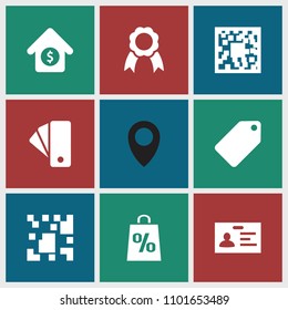 Tag icon. collection of 9 tag filled icons such as badge, qr code, ribbon, house sale, location. editable tag icons for web and mobile.