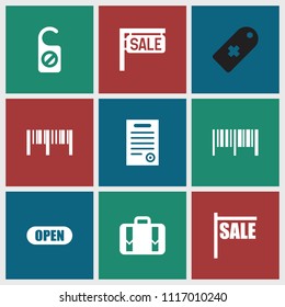 Tag icon. collection of 9 tag filled icons such as barcode, sale, luggage, bill of house, open. editable tag icons for web and mobile.