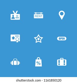 Tag icon. collection of 9 tag filled icons such as luggage, badge, bill of house sell, open, sport bag, shopping sale, star. editable tag icons for web and mobile.