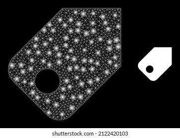 Tag icon and constellation mesh tag model with majestic light spots. Illuminated constellation is created from tag vector icon and triangulated mesh. Illuminated frame tag, on a black background.