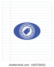 tag icon emblem draw with pen effect. Blue ink. Vector Illustration. Detailed.