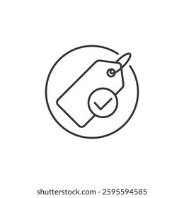 A tag icon featuring a checkmark, symbolizing a recommended or trustworthy product in commerce, designed to enhance consumer confidence and engagement
