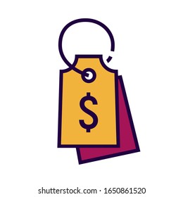 El icono de etiqueta está en un estilo plano y perfecto para píxeles. Sello para venta o tienda de descuento. Icono del vector para el sitio web. Objeto de color aislado en un fondo blanco.