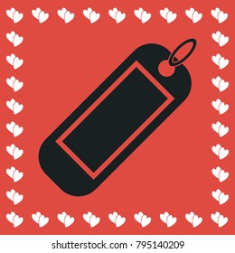 Tag icon flat. Simple black pictogram on red background with white hearts for valentines day. Vector illustration symbol