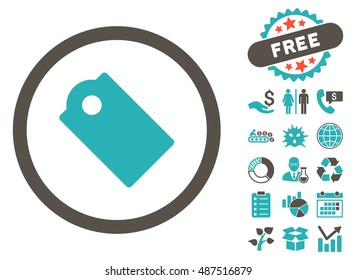 Tag icon with free bonus design elements. Vector illustration style is flat iconic bicolor symbols, grey and cyan colors, white background.