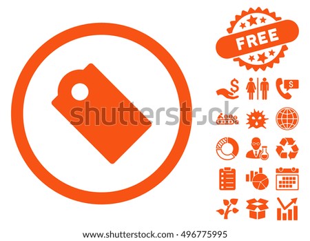 Tag icon with free bonus icon set. Vector illustration style is flat iconic symbols, orange color, white background.