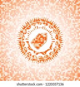tag icon inside abstract emblem, orange mosaic background