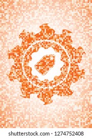 tag icon inside abstract emblem, orange mosaic background