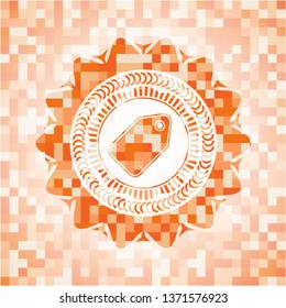 tag icon inside abstract emblem, orange mosaic background