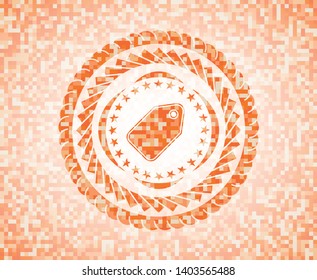tag icon inside abstract emblem, orange mosaic background
