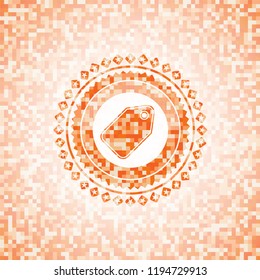 tag icon inside abstract orange mosaic emblem with background