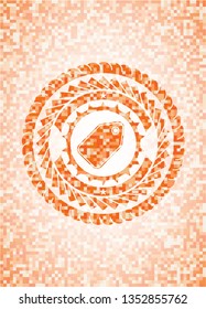 tag icon inside abstract orange mosaic emblem with background