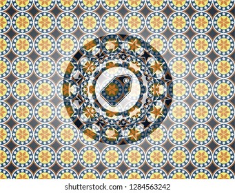 tag icon inside arabic badge background. Arabesque decoration.