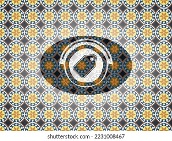 tag icon inside arabic emblem background. Arabesque decoration. 