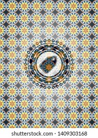 tag icon inside arabic style badge. Arabesque decoration.