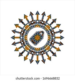 tag icon inside arabic style badge. Arabesque decoration.