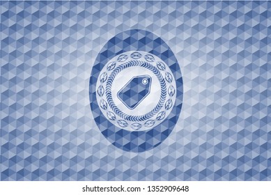 tag icon inside blue badge with geometric background.
