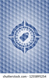 tag icon inside blue emblem with geometric pattern background.