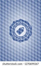 tag icon inside blue emblem with geometric pattern.