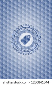 tag icon inside blue emblem with geometric pattern.