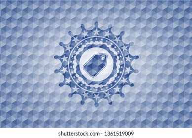 tag icon inside blue emblem or badge with abstract geometric pattern background.