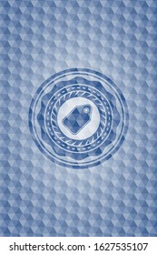 tag icon inside blue emblem or badge with abstract geometric pattern background.