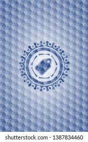 tag icon inside blue hexagon badge.
