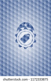 tag icon inside blue polygonal emblem.