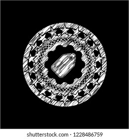 tag icon inside chalkboard emblem on black board