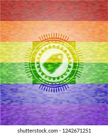 tag icon inside emblem on mosaic background with the colors of the LGBT flag
