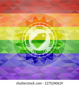 tag icon inside emblem on mosaic background with the colors of the LGBT flag