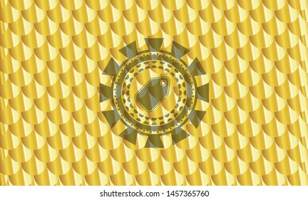 tag icon inside gold emblem or badge. Scales pattern. Vector Illustration. Detailed.
