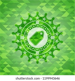 tag icon inside green emblem with mosaic ecological style background