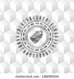 tag icon inside grey icon or emblem with geometric cube white background