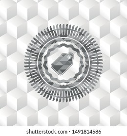 tag icon inside grey emblem. Vintage with geometric cube white background