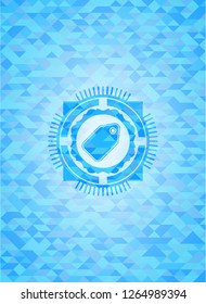 tag icon inside light blue emblem with mosaic background