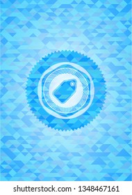 tag icon inside light blue emblem. Mosaic background