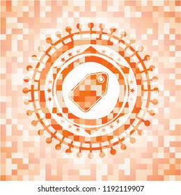 tag icon inside orange tile background illustration. Square geometric mosaic seamless pattern with emblem inside.
