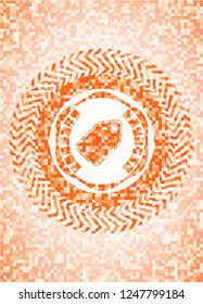 tag icon inside orange tile background illustration. Square geometric mosaic seamless pattern with emblem inside.