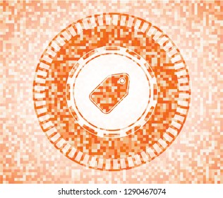 tag icon inside orange tile background illustration. Square geometric mosaic seamless pattern with emblem inside.