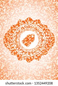 tag icon inside orange tile background illustration. Square geometric mosaic seamless pattern with emblem inside.